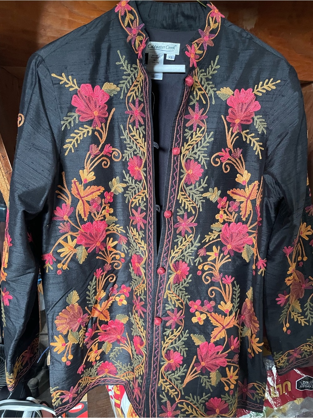 Coldwater Creek Black Floral Embroidered Jacket with Pink & Gold Accents